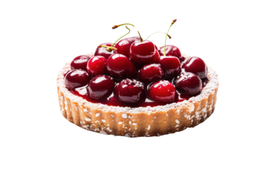 A decadent cherry tart with a crumbly crust and glossy cherry filling, isolated on a white background