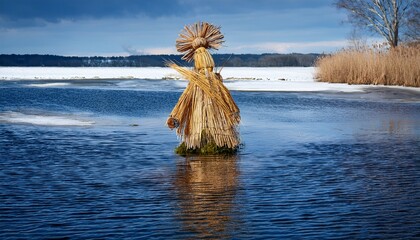 Traditional Marzanna Drowning. Straw doll in water, Polish symbol of winter ending, spring rebirth