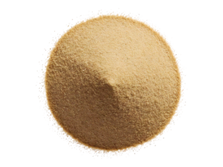 High-resolution close-up of light brown sand, meticulously arranged in a circular mound against a stark white background.