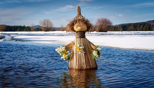 Traditional Marzanna Drowning. Straw doll in water, Polish symbol of winter ending, spring rebirth