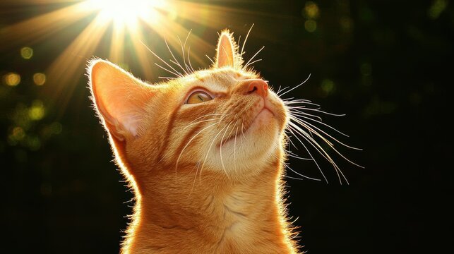 Orange tabby cat enjoying sunlight outdoor garden animal photography bright environment upward perspective joyful concept - Powered by Adobe