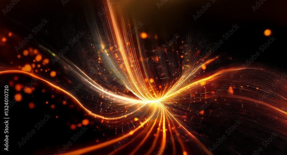 Poster Abstract image featuring vibrant orange and yellow light streaks emanating on a dark backdrop, creating a dynamic and energetic visual with sparkling accents.
