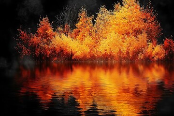 Autumn fire reflection for dark lake.
