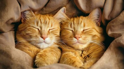 Two ginger cats snuggled together in sunlit bed cozy environment adorable animal content whimsical viewpoint