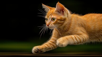 Obraz premium Young cat in fast motion pawing lush green background animal photography dynamic environment close-up view