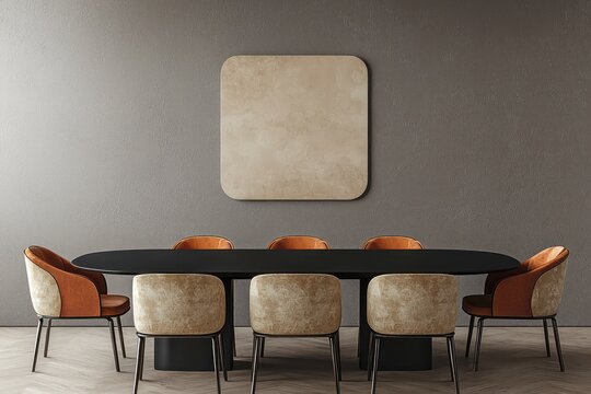 Taupe painted wall, black table, terracotta chairs in a modern dining room, 3D.
