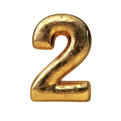 Gold foil balloon number 2, 3d render isolated on transparent background.