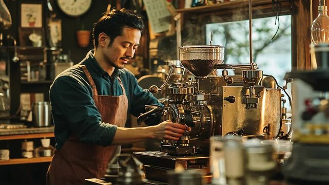 Focused barista skillfully operates vintage coffee roaster in cozy artisanal cafe