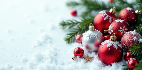 Fototapeta premium Cluster of red & silver Christmas baubles with pine & snowflakes on snow-white backdrop , classic, clean, white background