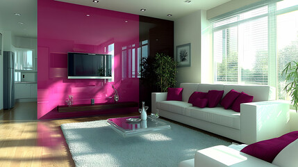 Modern living room design, pink accents