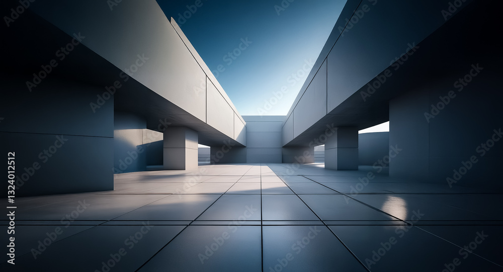 Aufkleber modern geometric architecture featuring concrete columns and beams under a clear blue sky. strong li