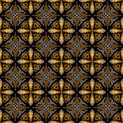 This picture shows fabric patterns with repeated patterns. It consists of golden yellow and white flowers on a black background. These patterns are arranged in a grid pattern. Causing beautiful and un