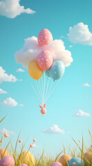Obraz premium Vibrant Easter Balloon Cloud with Floating Festive Eggs Against a Bright Blue Sky, Creating a Cheerful and Joyful Holiday Atmosphere
