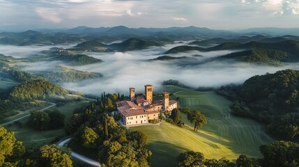 Aerial view of Tuscany's picturesque rolling hills and winding roads, golden light filtering through clouds, casting long shadows on green fields, distant cypress trees, undulating mountain silhouette