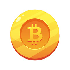 Gold cartoon coin with bitcoin sign. Cryptocurrency, crypto coin isolated. Vector illustration