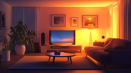 Cozy living room with warm lighting, modern furniture, and a large TV screen.