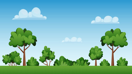 Background with trees and sky for Earth Day. Banner, template on ecological theme. Vector cartoon illustration