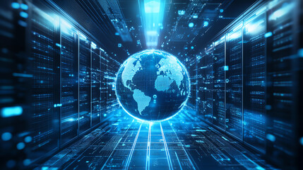 Futuristic digital globe surrounded by data streams in a tech environment.