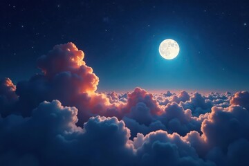 Full moon radiant over fluffy clouds in a starry expanse, space, picturesque