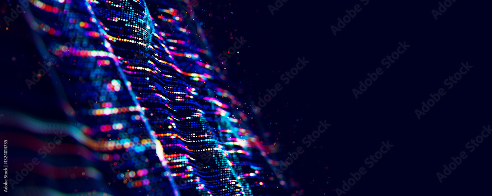 Poster abstract big data digital stream waves. information flow concept. llm learning process, ai technolog