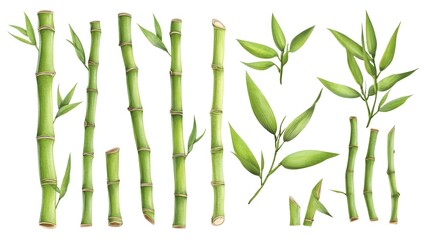 Professional Green Bamboo Stems and Leaves Isolated on White Background for Design Projects