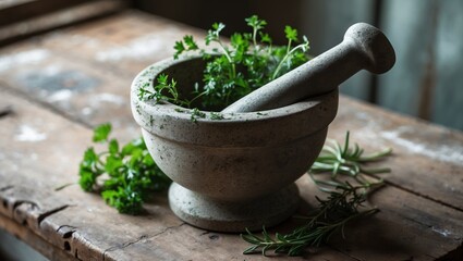 Mortar and pestle with fresh herbs on rustic wooden table surrounded by nature