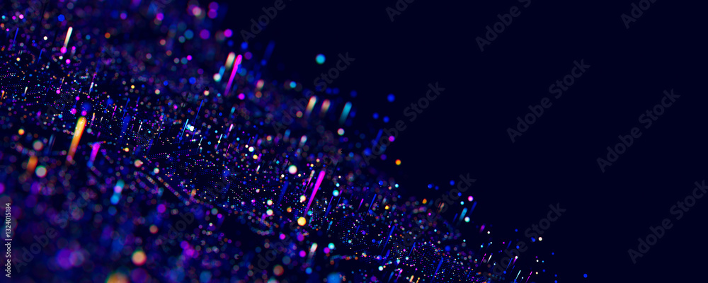 Poster macro of quantum computing technology. digital patterns of big data. microworld of llm ai learning p