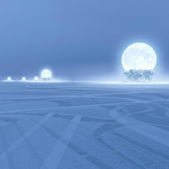 Ethereal Frosted Landscape with Celestial Bodies