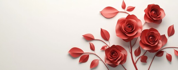 Elegant red paper cut roses with leaves on a white background.