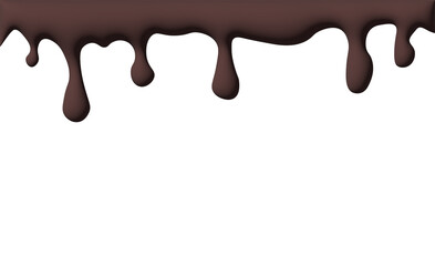 Dripping chocolate texture. 3d dripping dark cocoa flow for dessert decoration. Brown horizontal glaze wave with tickling.
