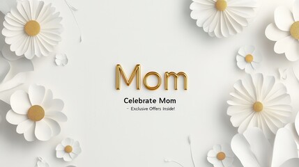 Celebrate mom with elegant gold text and white paper flowers on soft background.