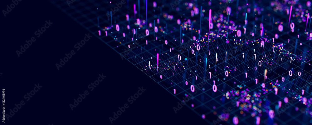 Poster macro of quantum computing technology. digital patterns of big data. microworld of llm ai learning p
