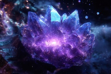 futuristic neural network visualized as crystalline structure with glowing blue-purple energy pathways, floating in dark space with data particles orbiting like digital constellation