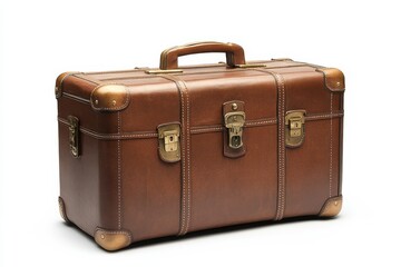 Vintage brown leather suitcase with handle and metal latches isolated on Transparent Background