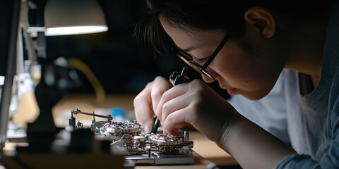 Watchmaker Repairing Complex Clock Mechanism