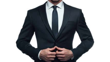 A business professional adjusting their suit, exuding confidence and readiness for a meeting. Ideal for corporate and professional themes.