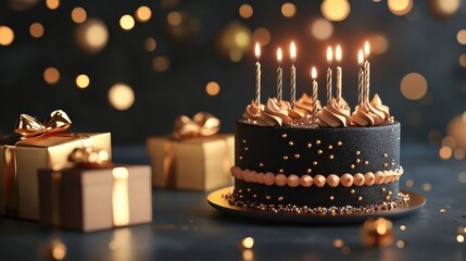 Elegant birthday scene, stylish cake with candles, luxury gift boxes, and a sophisticated greeting card. 