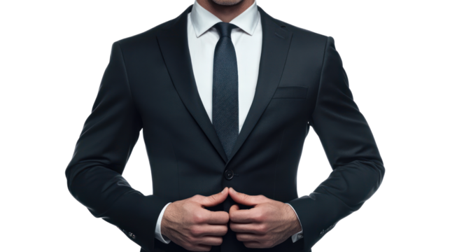 A business professional adjusting their suit, exuding confidence and readiness for a meeting. Ideal for corporate and professional themes.