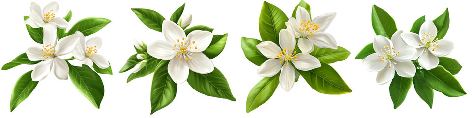 set of White lemon flowers with green leaves, white lemon flowers and green leaves, white lemon flowers surrounded by green leaves, white flowers, green leaves, on a transparent backgrounds