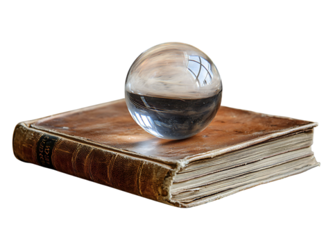 A crystal orb rests atop an antique leatherbound book, suggesting knowledge, mystery, and the passage of time.