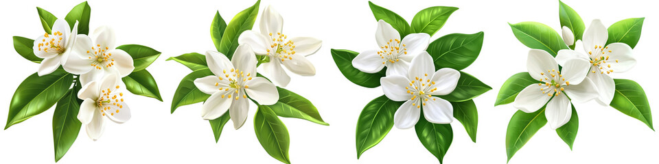 set of White lemon flowers with green leaves, white lemon flowers and green leaves, white lemon flowers surrounded by green leaves, white flowers, green leaves, on a transparent backgrounds