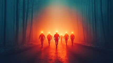 Fototapeta premium A group of individuals in the forest, illuminated by glowing helmets, creating a surreal atmosphere.