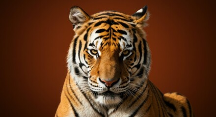 Obraz premium Majestic tiger portrait against a rich brown background.