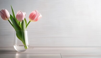 花瓶に生けたピンクの３本のチューリップ