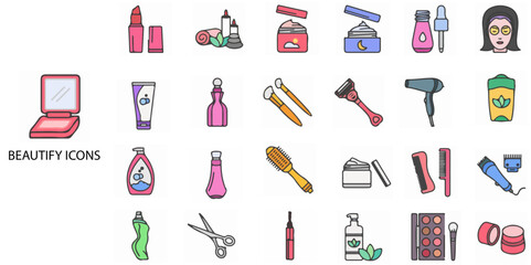 Beautify simple concept 24 colour icons set. Contains such Powder Makeup, Face Blush, Colors Blush Palette, Cream, Mascara .Vector illustration.
