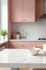 White marble kitchen table, soft pink walls, bokeh background, white, image, elegant