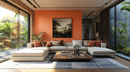 Modern living room with orange wall, large sectional sofa, and patio view