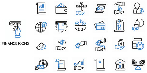 Finance simple concept 24 colour icons set. Contains such loan, cash, saving, financial goal, profit, budget, mutual fund, earning money and revenue etc .Vector illustration.