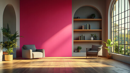 Fototapeta premium Modern living room with pink accent wall (1)