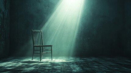 Lonely chair illuminated by light beam in abandoned room atmospheric photography dark environment mystical viewpoint